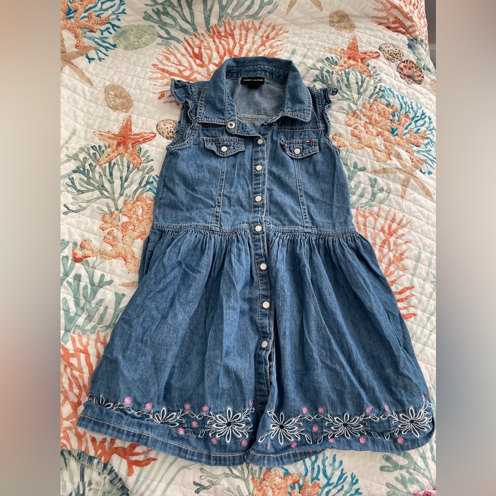 Tommy Hilfiger Girls Denim Sleeveless Colared Dress with Floral Embroidery